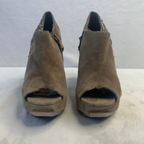 Sam Edelman Womens Sz 8 Taupe Suede Peep Toe Ankle Booties Beaded Heels Boots - Picture 2 of 9